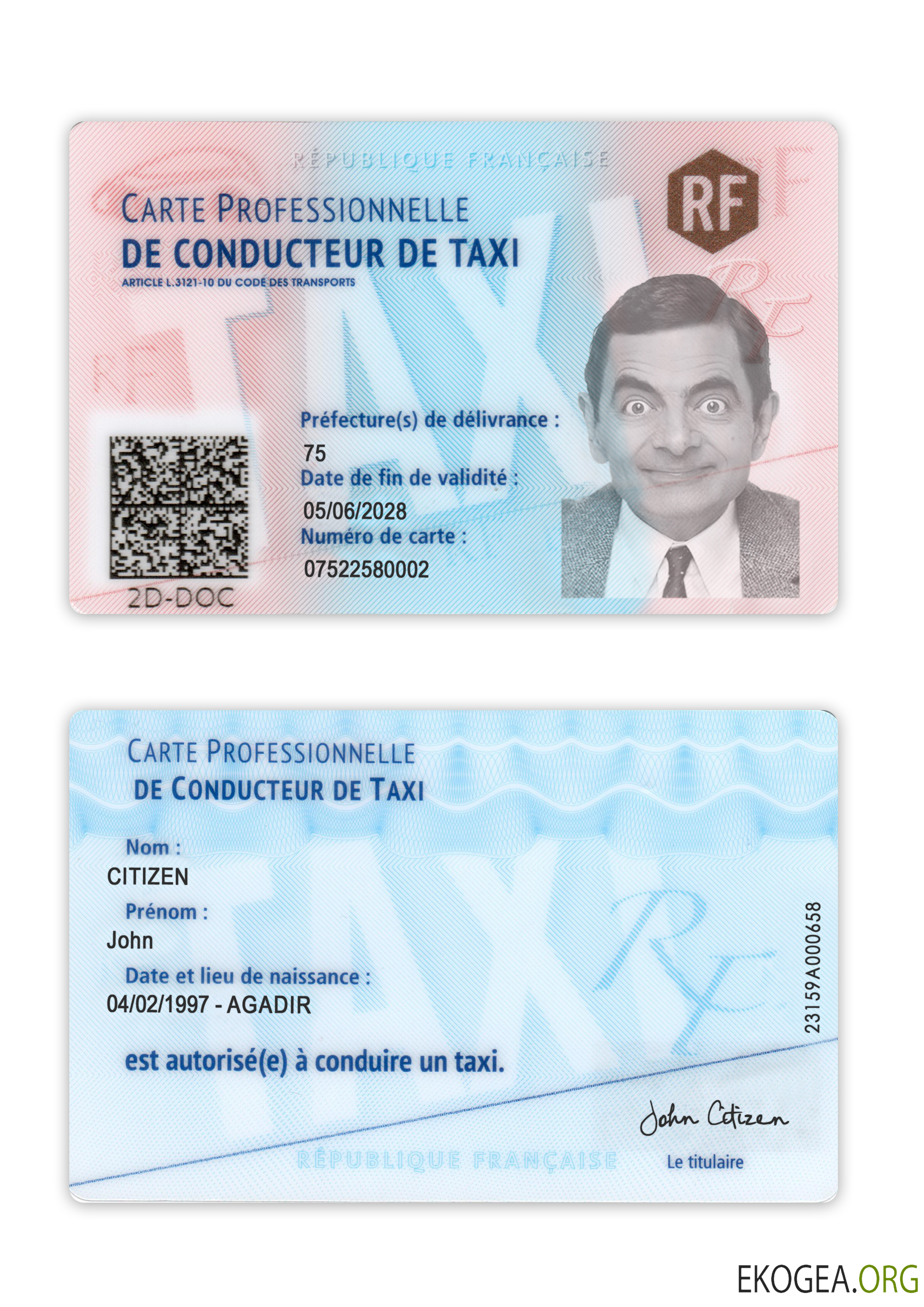 Carte d'identité de chauffeur de taxi français
